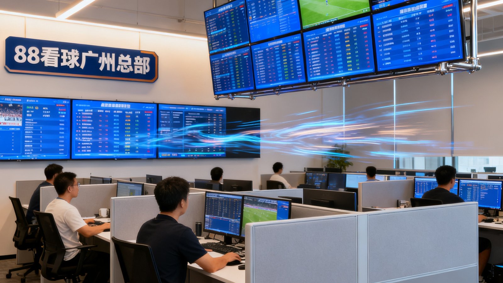 88看球广州总部办公室场景，开放式工位上员工正在监控全球赛事直播信号，墙面悬挂多块大屏幕实时显示比赛数据